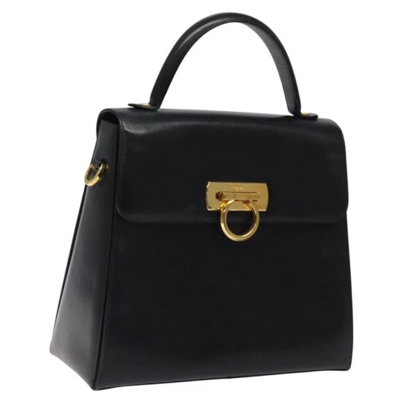 Salvatore Ferragamo Gancini Hand Bag Leather Black Gold Auth yk17898